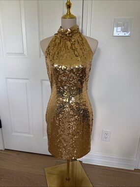 Cache Vintage Y2K Gold Sequin Halter Mini Dress 8 🥂